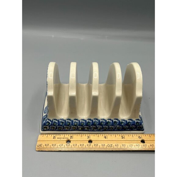 Boleslawiec Polish Ceramic Blue Floral Toast Rack Holder 4 slices or Mail Sorter - Picture 4 of 11
